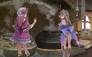 two female anime character stirring the sticks in large pots