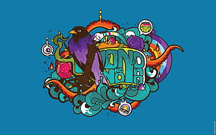 multicolored graphic illustration, Jared Nickerson, blue background, tentacles, birds
