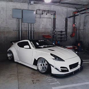 white Nissan 370Z coupe, car, Nissan 370Z, tuning, Stance