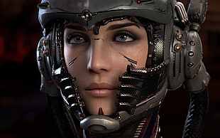 3D female wearing gray helmet digital wallpaper, CGI, futuristic, science fiction, helmet