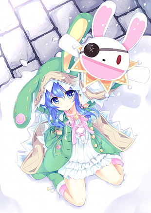 female anime character wearing green long-ear hat and top illustration