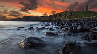 rocky shore, nature, landscape, long exposure, sunset HD wallpaper