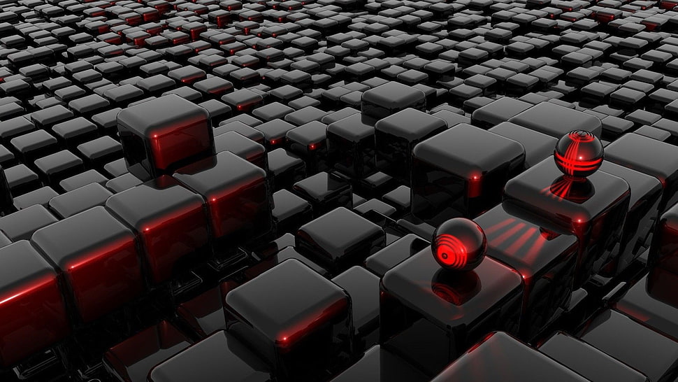 black and red leather sofa set, abstract, render, cube, balls HD wallpaper