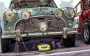 blue and silver car, laughing, artwork, car, mice