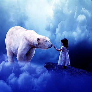 girl in white dress about to touch Polar Bear HD wallpaper