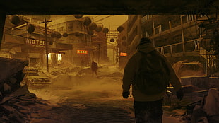 game digital wallpaper, apocalyptic, men, building