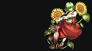 green-haired female anime character in red and white dress surrounded by sunflowers