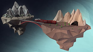 red and black train graphic illustration, low poly, digital art, Cinema 4D, island
