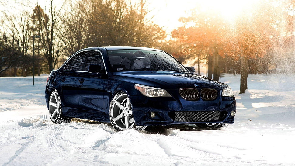 black BMW sedan, car, BMW, snow, winter HD wallpaper