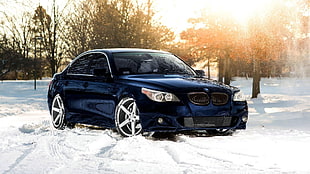 black BMW sedan, car, BMW, snow, winter