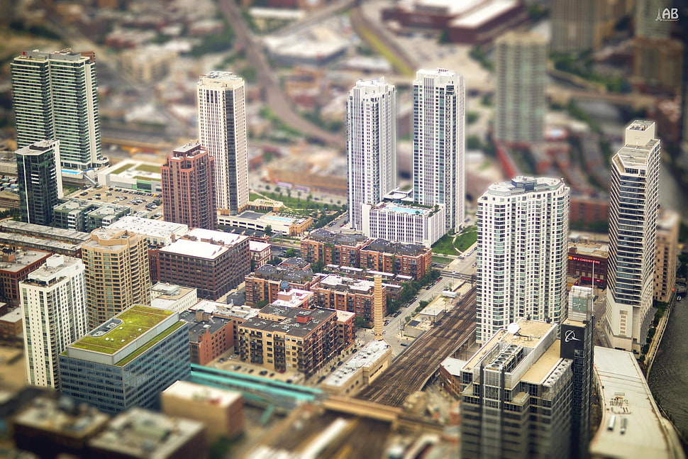 tilt-and-shift photography of high-rise buildings HD wallpaper
