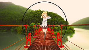 blond haired female anime character walking on bridge, anime, people, forest, Takanashi Hikari
