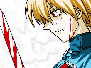 blonde haired male anime character holding sword with blood stain