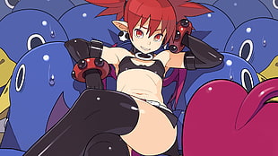 red haired female anime character digital wallpaper, Makai Senki Disgaea, Prinny, succubus, thigh-highs HD wallpaper