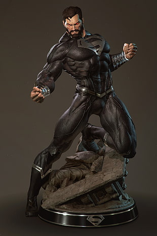 black Superman toy figure, render, Superman, black, uniform HD wallpaper
