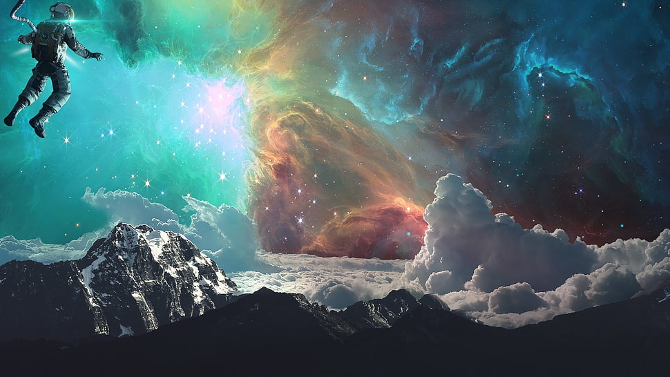 mountain and clouds artwork, space, astronaut, galaxy, Earth HD wallpaper