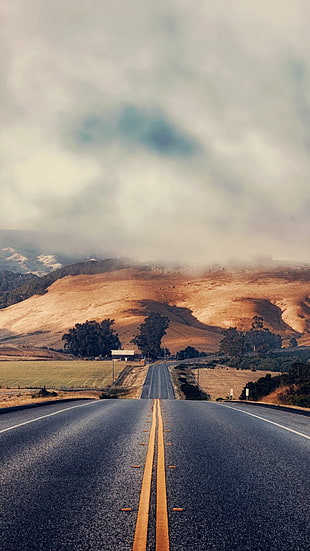asphalt road, road, clouds, hills, field