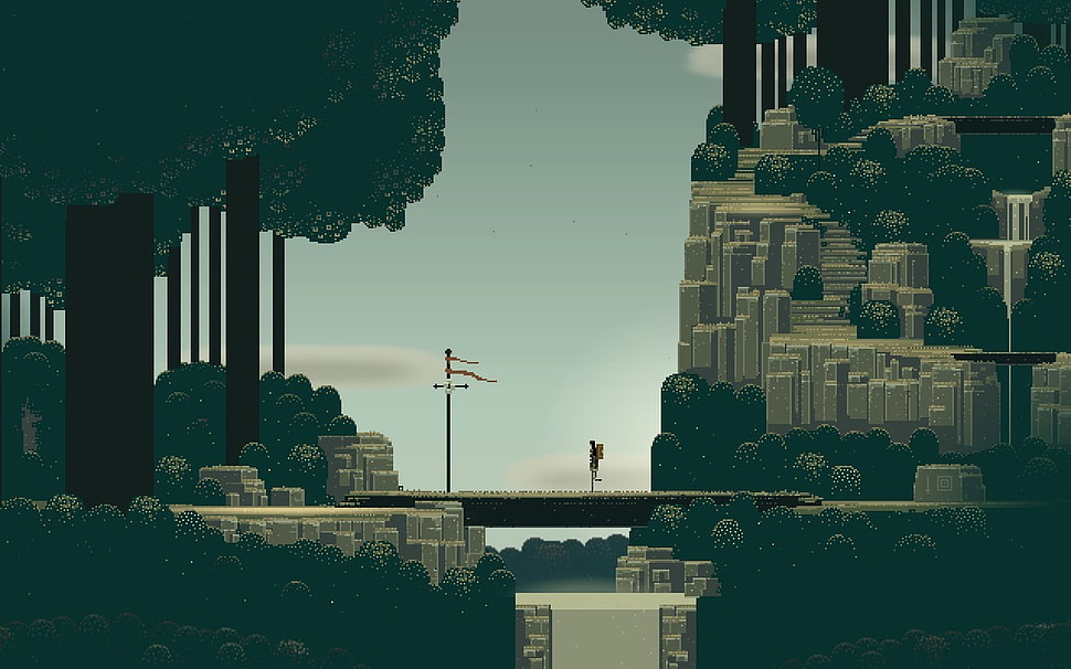 man standing between forest illustration, video games, pixel art HD wallpaper