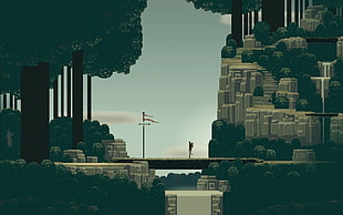 man standing between forest illustration, video games, pixel art