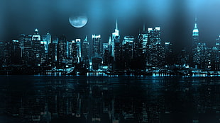 buildings near body of water during night time