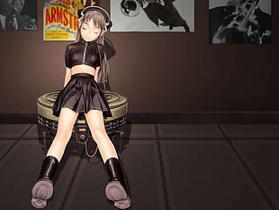 female anime character in black crop top with skirt