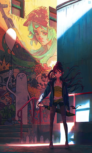 black haired female anime character, graffiti, sword, redhead, original characters HD wallpaper