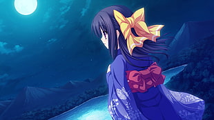 anime girl character in purple kimono facing body of water