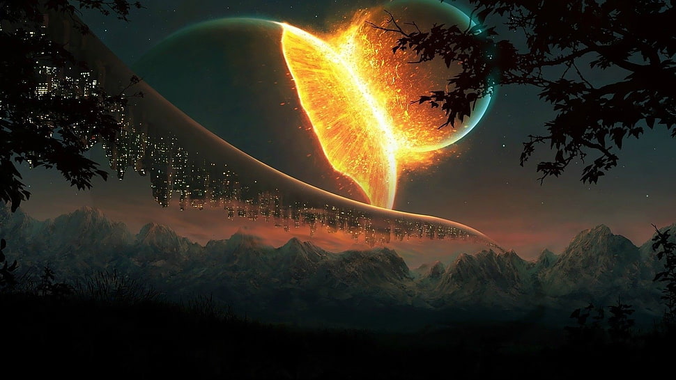mountain illustration, nature, explosion, planet, lights HD wallpaper