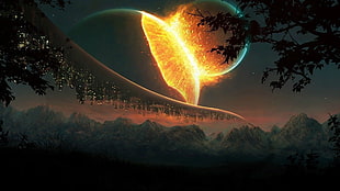 mountain illustration, nature, explosion, planet, lights