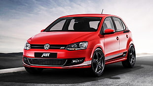 red Volkswagen 5-door hatchback, car, Volkswagen, VW Polo, CGI HD wallpaper