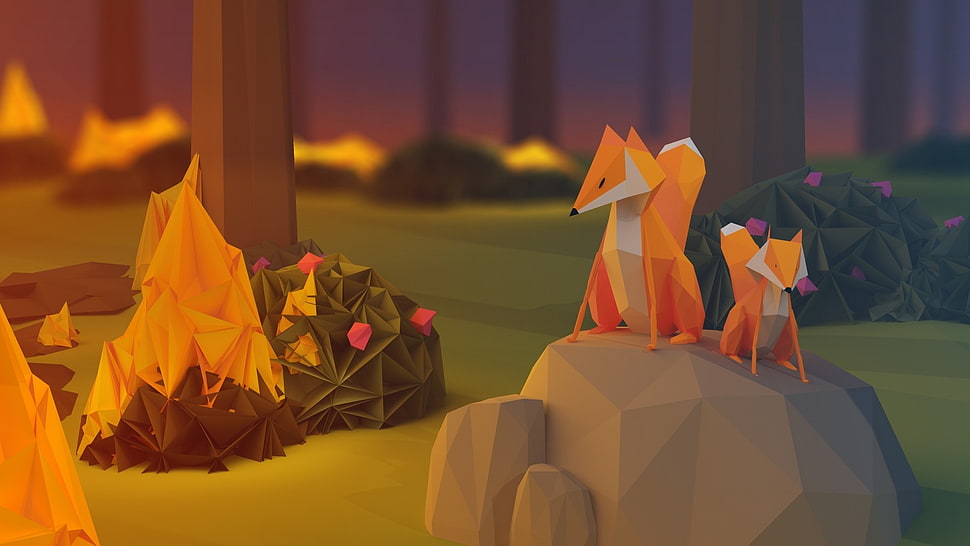 two brown animals digital wallpaper, anime, paper, poly, fire HD wallpaper