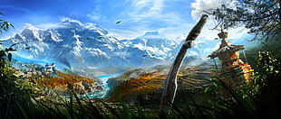 machete on ground with mountain in the background digital wallpaper, video games, Far Cry 4, landscape