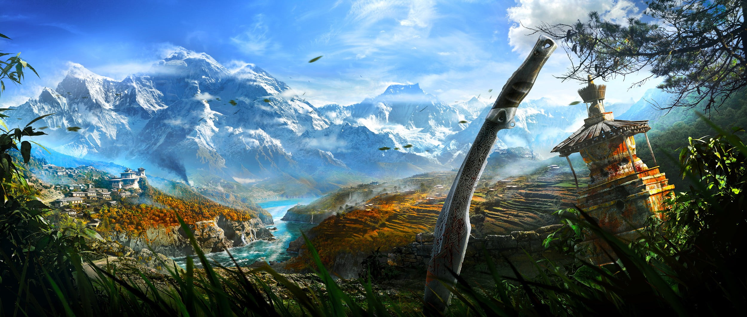 machete on ground with mountain in the background digital wallpaper, video games, Far Cry 4, landscape