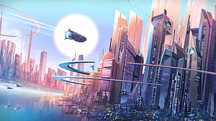 futuristic city digital wallpaper, digital art, cityscape, spaceship, futuristic city