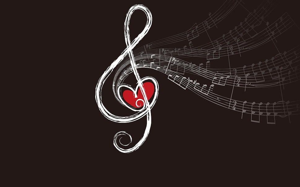 G-Clef sign, music, musical notes, heart, simple background HD wallpaper