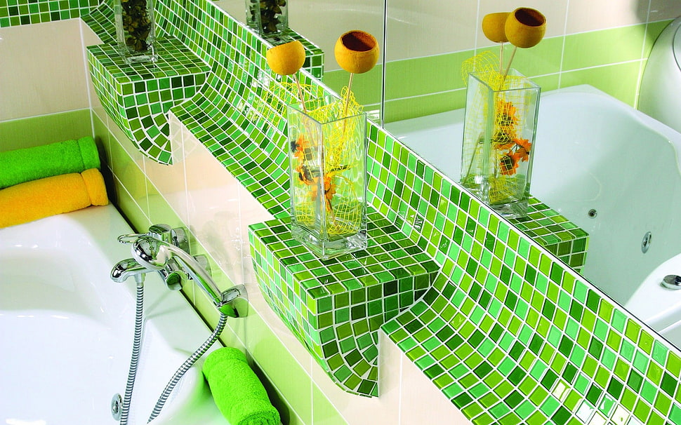 white-and-green ceramic bathroom tiles HD wallpaper