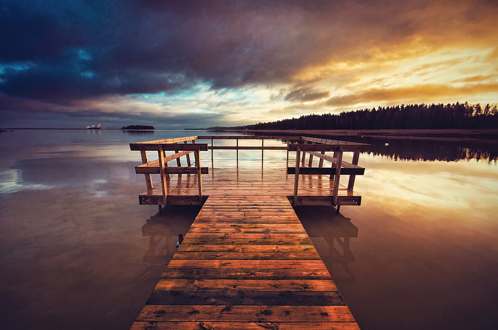 brown wooden dock, lake, pier, clouds, sunset HD wallpaper