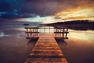 brown wooden dock, lake, pier, clouds, sunset