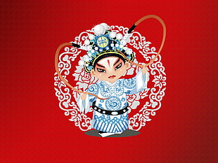 blue and white geisha illustration