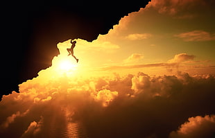 silhouette of man climbing mountain with cloudy skies, landscape, Sun, sky, mountains HD wallpaper