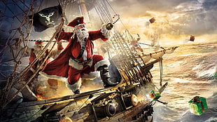 Santa Claus pirate illustration, Noel , boat, presents, santa