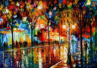 multicolored street between trees painting, painting, Leonid Afremov, trees, street light