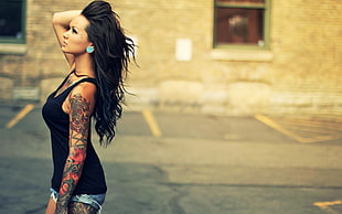 women's black tank top, brunette, tattoo, piercing, women
