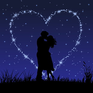 couple's silhouette and heart star trail wallpaper HD wallpaper