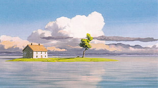 white and brown house, island, house, painting, artwork