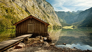 brown wooden shed, lake, obersee, Bavaria HD wallpaper