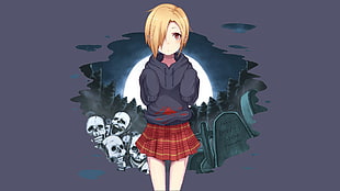 girl in black hoodie and red plaid dress standing in front of tomb stones wallpaper