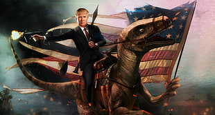Donald Trump photo, Donald Trump, dinosaurs, USA, American flag HD wallpaper
