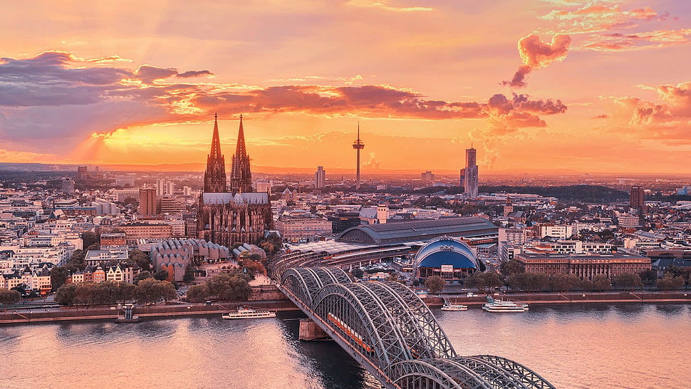 gray steel bridge, Germany, cityscape, sunset, city HD wallpaper