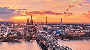 gray steel bridge, Germany, cityscape, sunset, city HD wallpaper